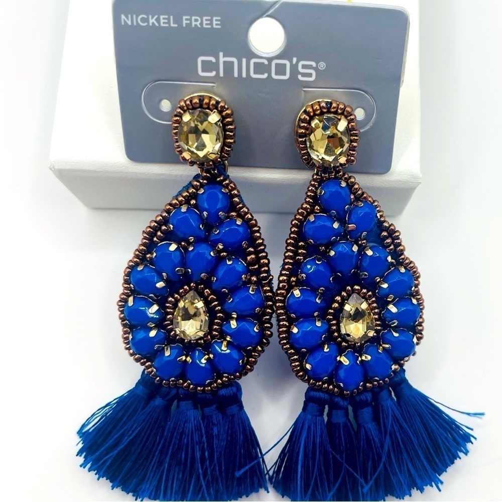 NWT Chico’s 40th Anniversary Blue Beaded Fringe Drop Earrings